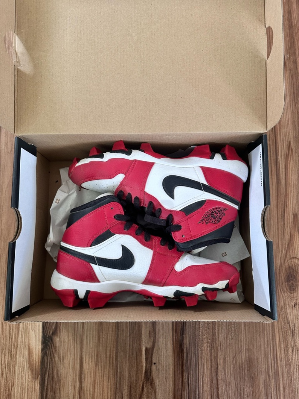 Nike Jordan 1 Kids Red White and Black High-Top Cleats Baseball Cleats